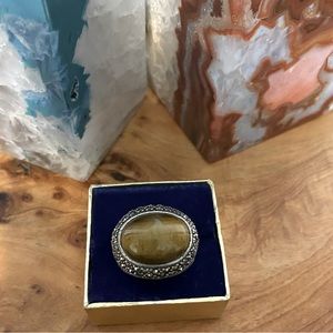 Vintage Tigers eye and Marcasite Ring Sterling Silver